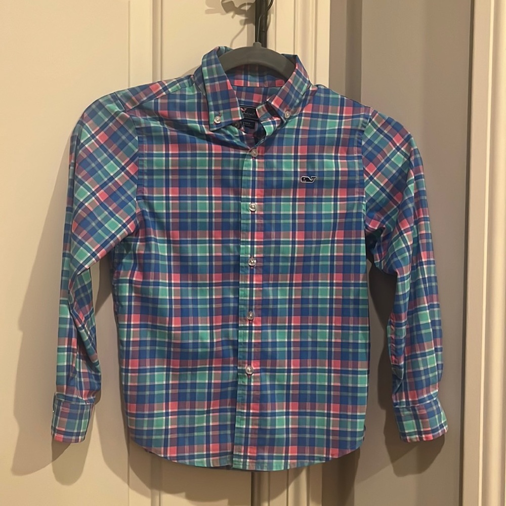 Vineyard Vines Boys Long Sleeve Size 6 Plaid Blue Whale Shirt